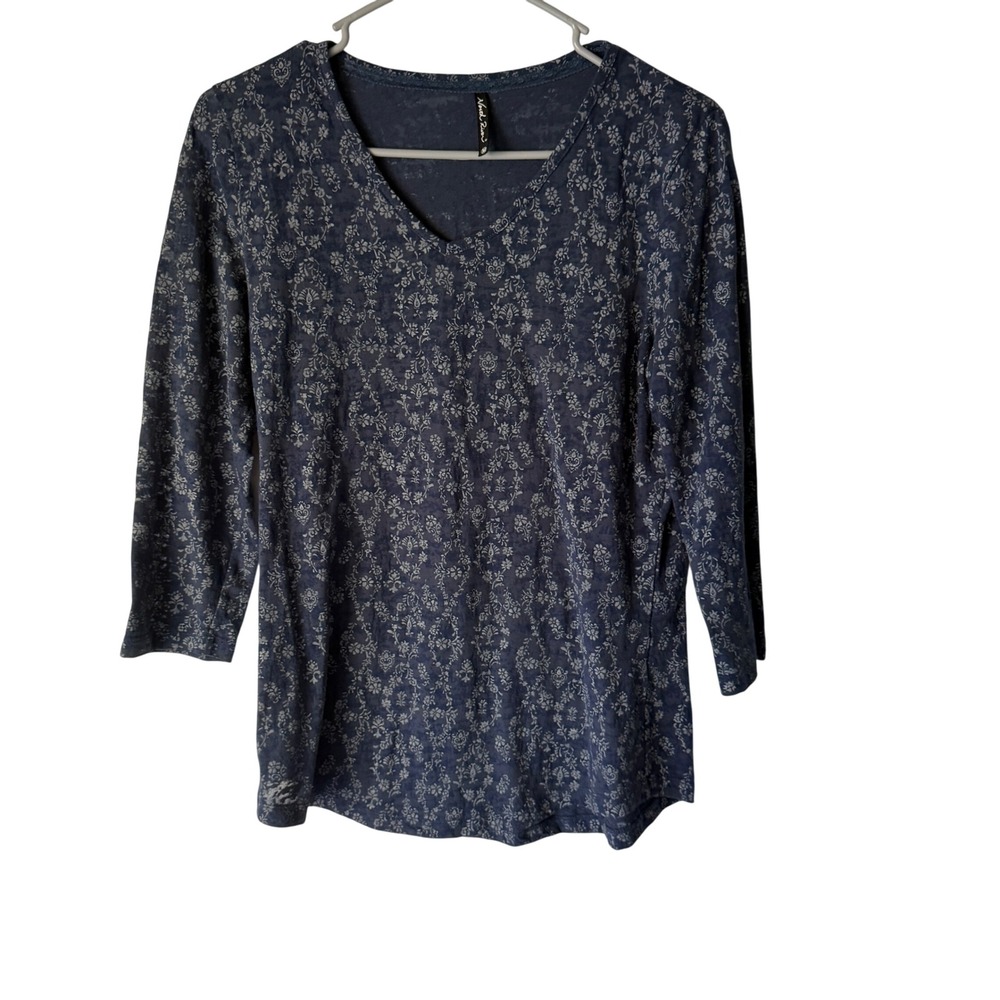 North River Navy Blue Floral Print 3/4 Sleeve V Neck Casual Top Blouse M Peasant